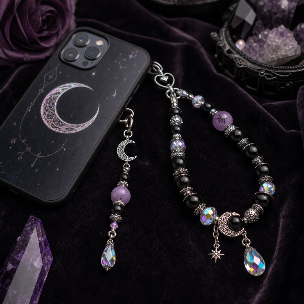 Handmade gothic phone accessories set with black beads, lavender accents, silver moon charms, and iridescent crystals