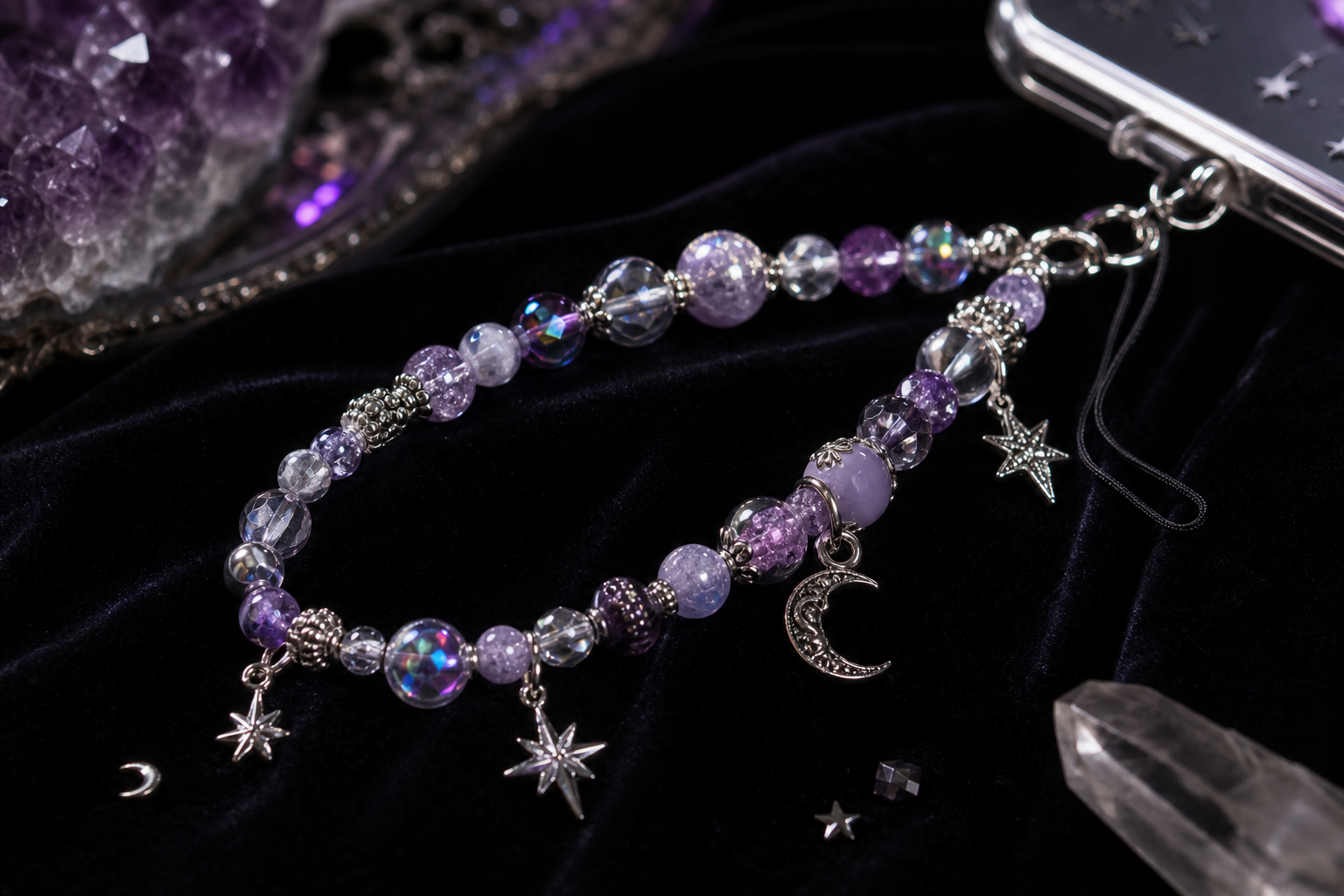 Close-up of a lavender and silver beaded phone wristlet with star and moon charms