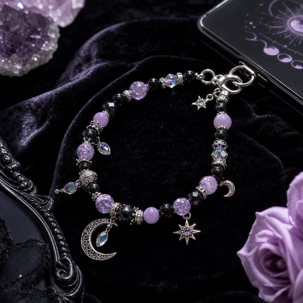 Handmade phone wristlet with black and lavender beads, silver moon charms, and iridescent crystal drops on a dark velvet backdrop