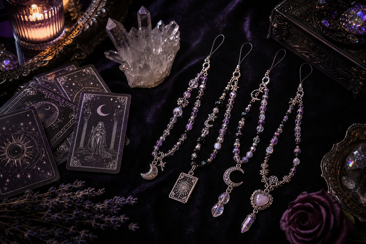 Flatlay of tarot cards, crystals, and beaded charms on a dark velvet surface