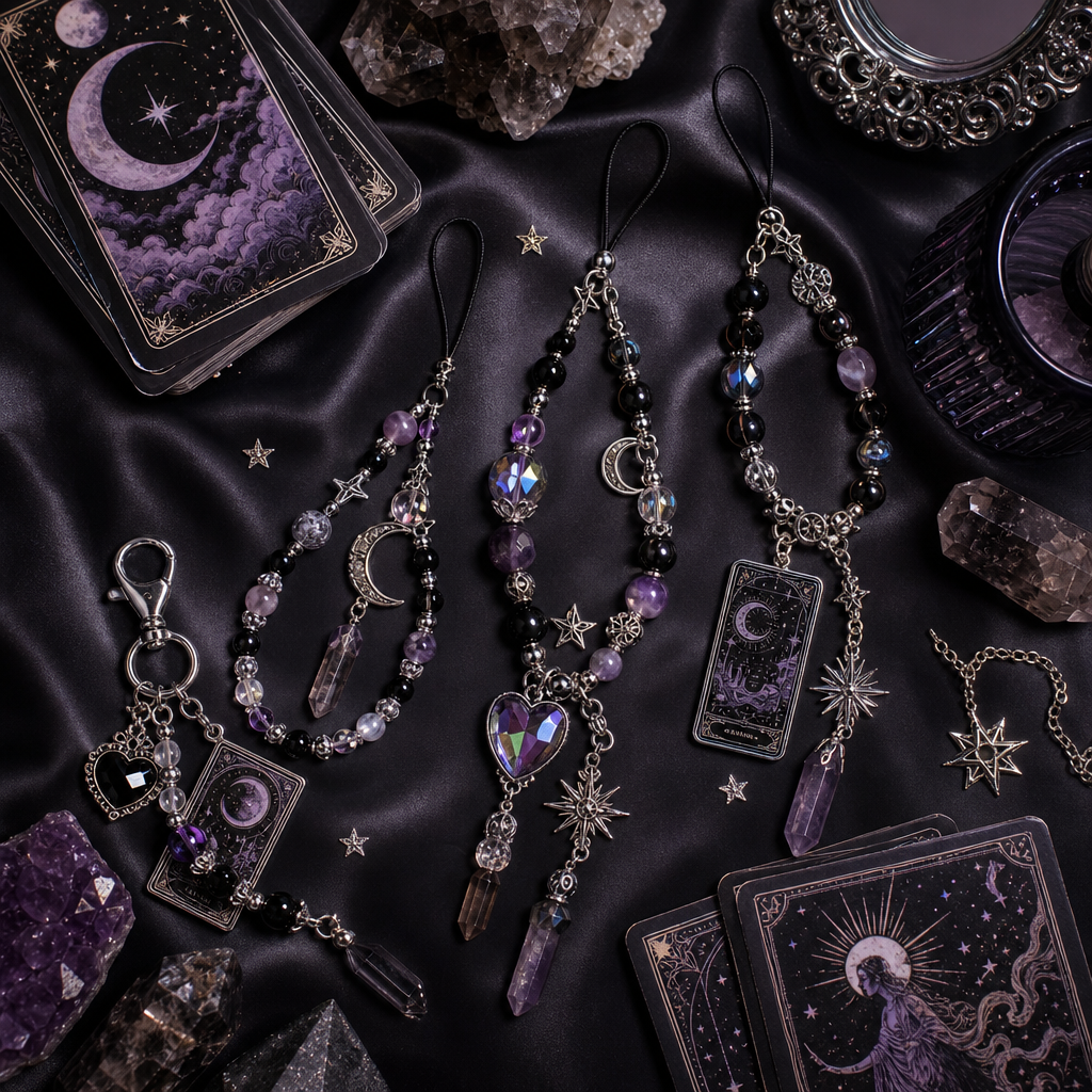 Flat lay of gothic phone charms with tarot cards, star motifs, smoky quartz crystals, and silver chain accents