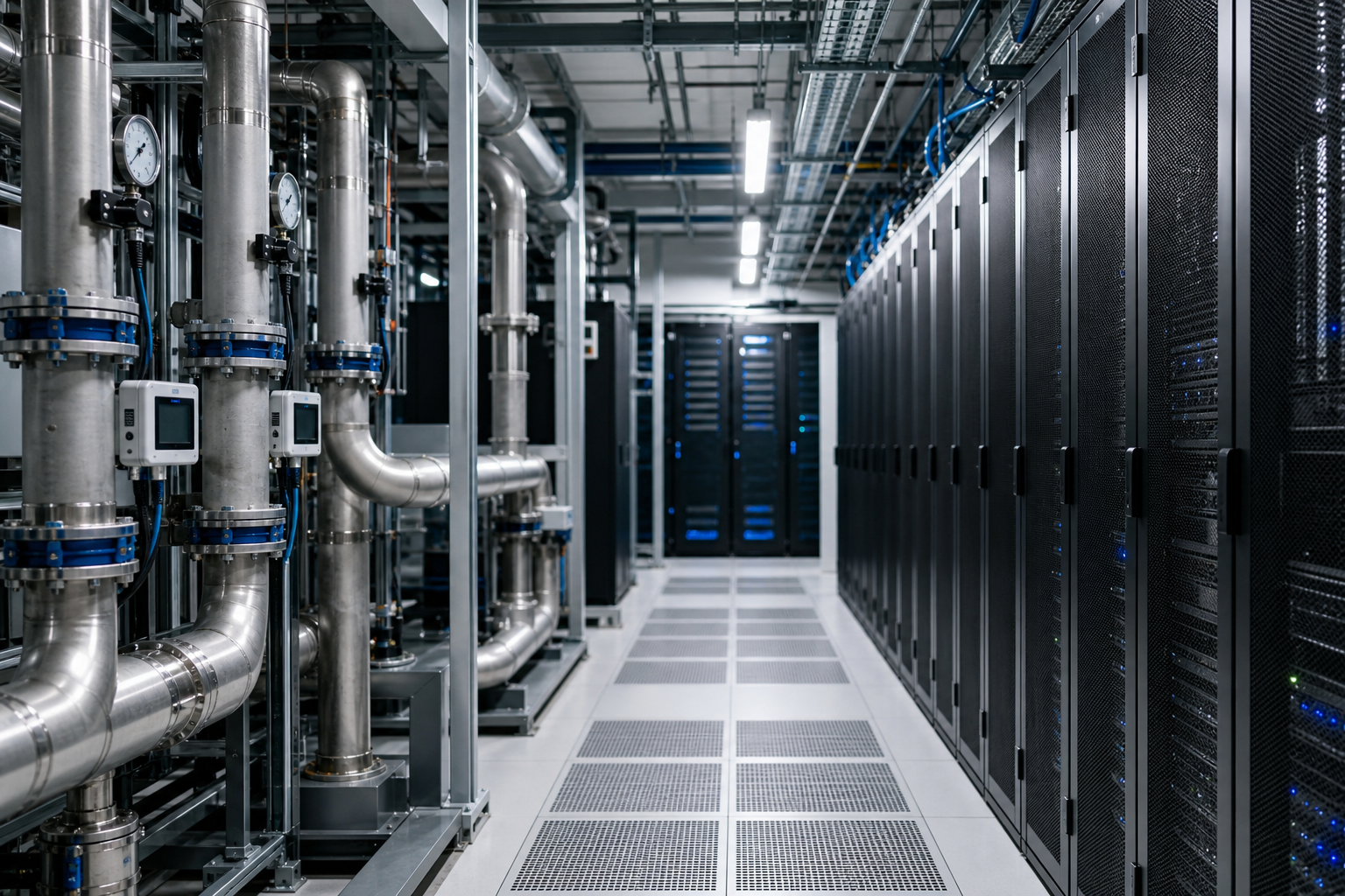 Editorial-style photo of a modern data center cooling corridor with visible pipe infrastructure and monitoring screens