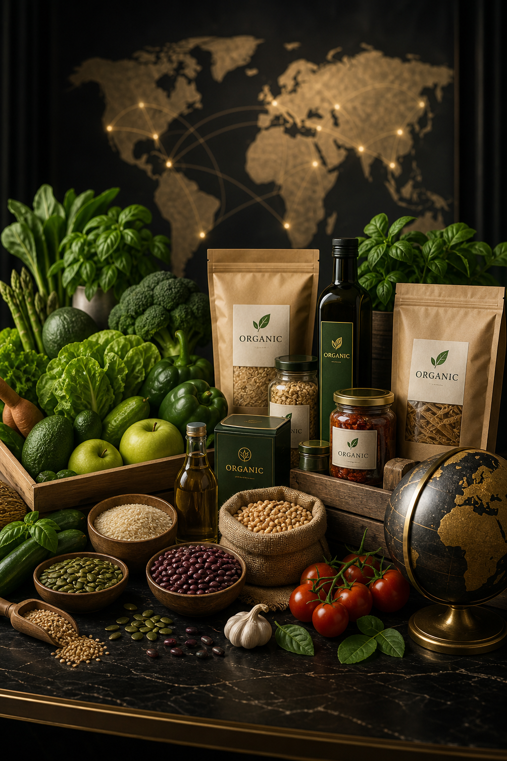 Premium organic agrifood selection with fresh produce and export-quality packaging