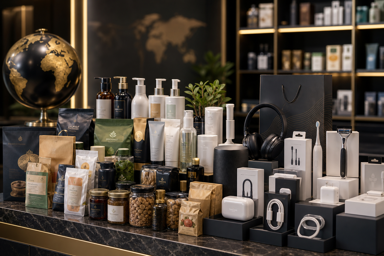 Curated global consumer goods assortment in premium retail-style display