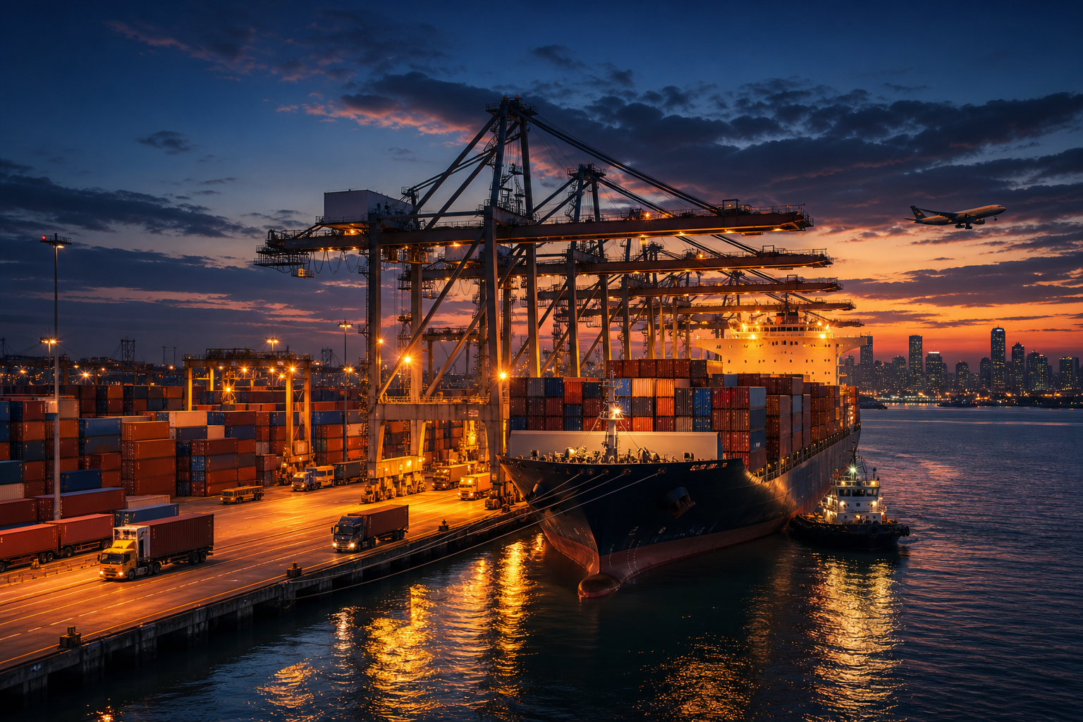 International cargo logistics with container port, cranes, and outbound ships at dusk