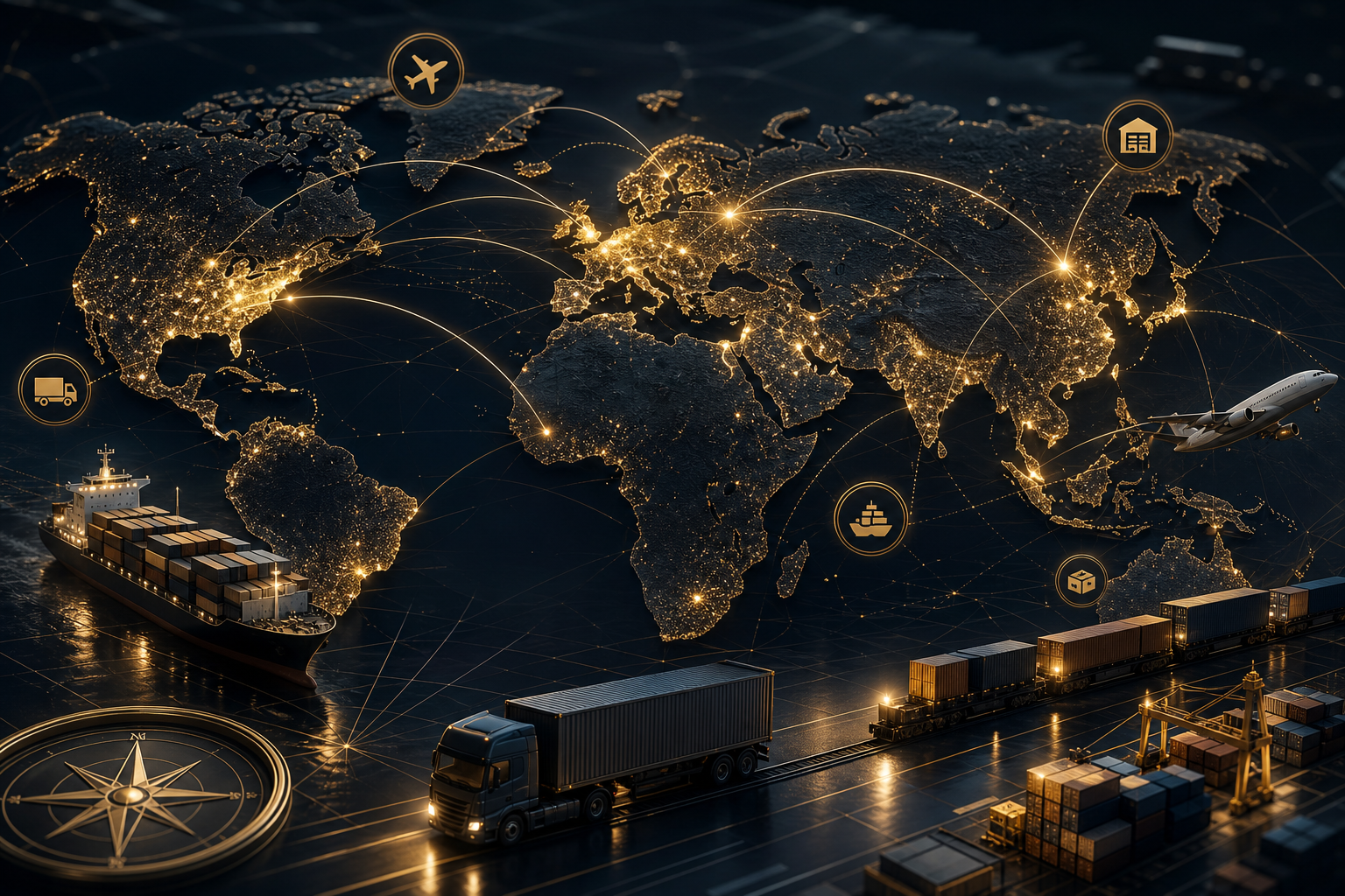 Premium corporate image of a global trade network map with cargo routes, port lights, and logistics icons suggesting international commerce