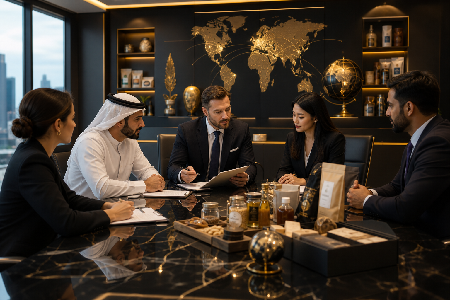 Executive sourcing partners reviewing contracts in a premium boardroom setting