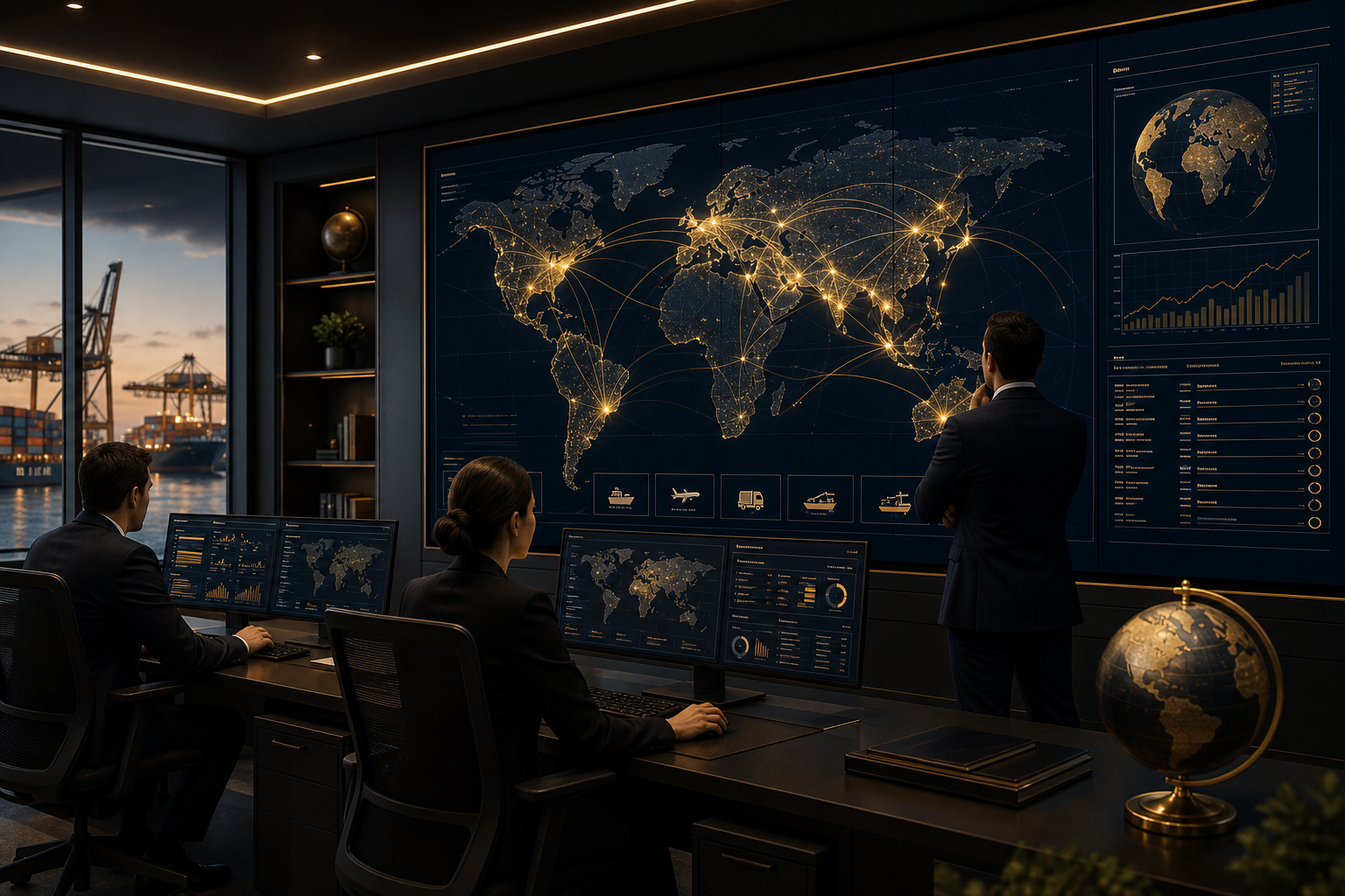 Global trade operations control room with large digital maps and logistics routes