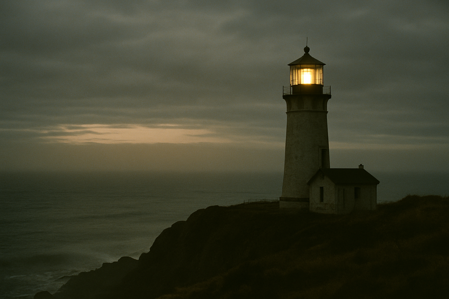 Northern-coast lighthouse on a rocky headland under moody coastal light
