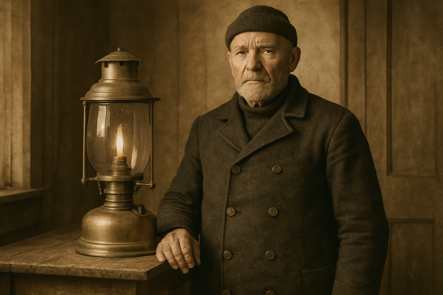 Archival portrait of a lighthouse keeper in heavy wool coat beside a brass lamp table