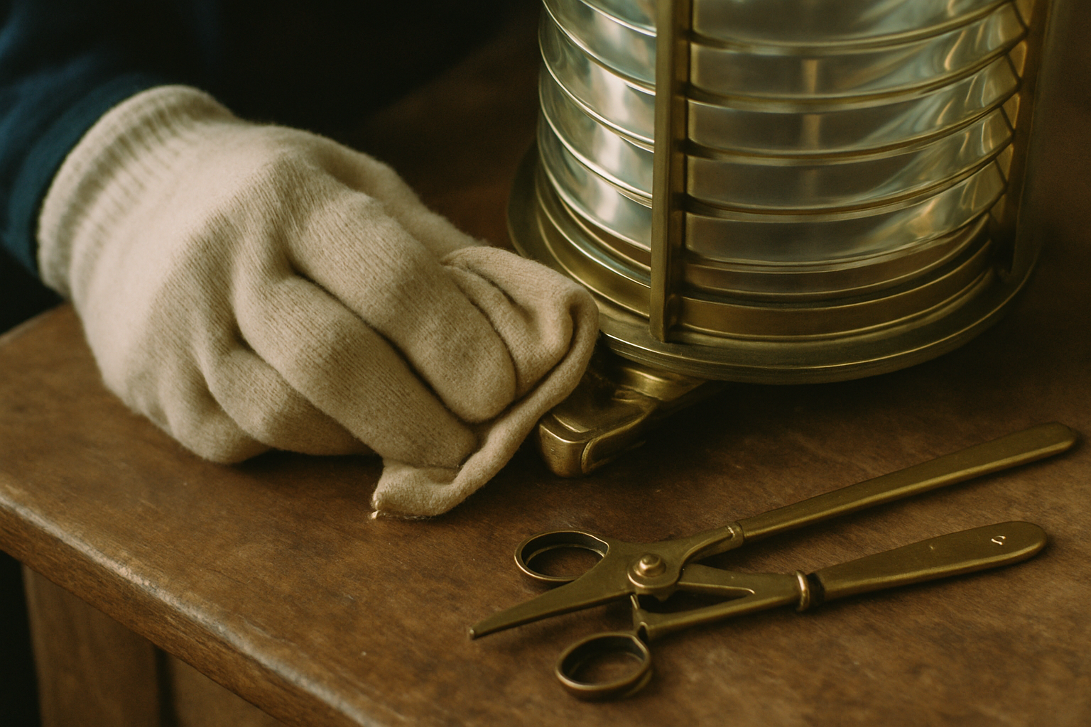 Close detail of gloved hands polishing lantern lens fittings and wick tools