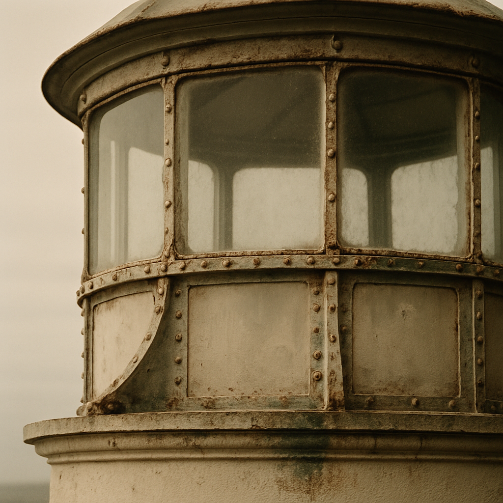 Close documentary shot of a lantern-room detail with riveted metal framing, worn paint, and glass panes