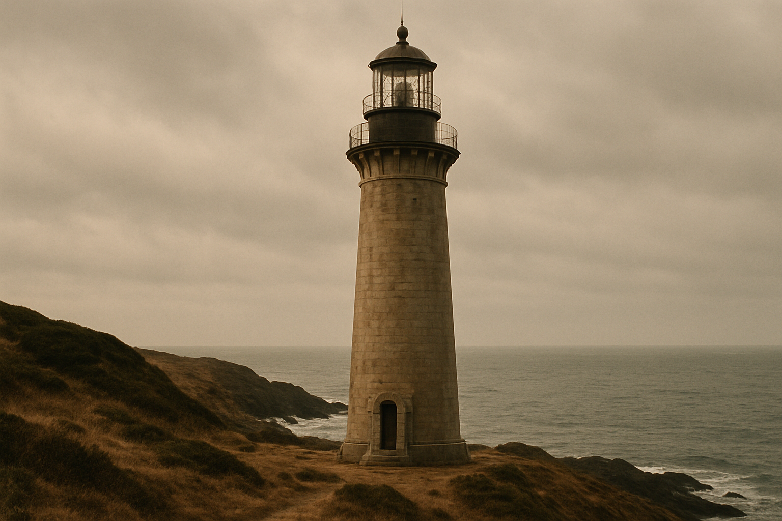 Large archival exterior photograph of a weathered coastal lighthouse on a rocky headland, warm documentary tone