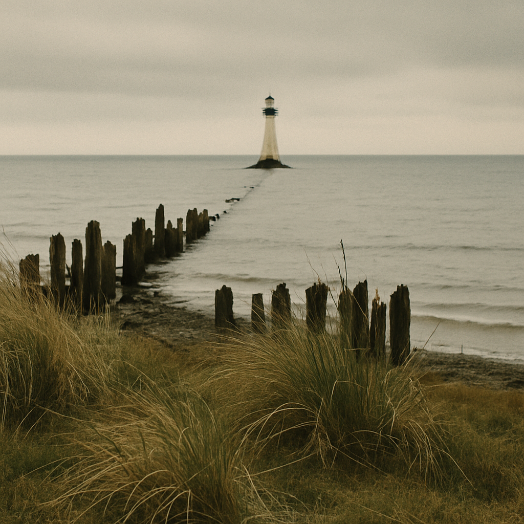 Supporting shoreline context image with low dune grass, timber remnants, and a distant beacon line