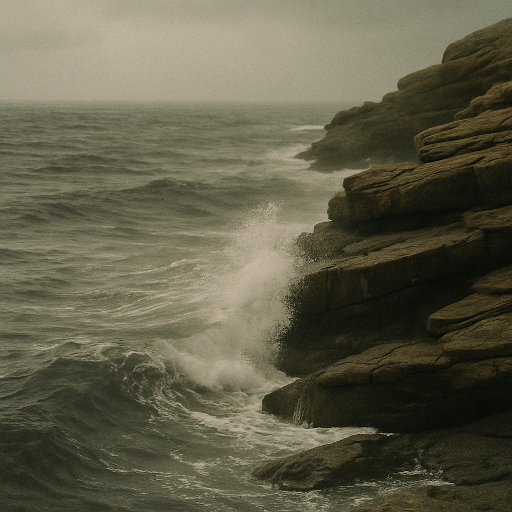 Small storm-detail coastal view showing dark surf, spray, and wind-carved shoreline rock