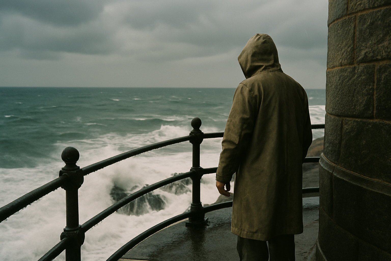 Storm-dark lighthouse exterior with keeper on watch near rail as waves break below