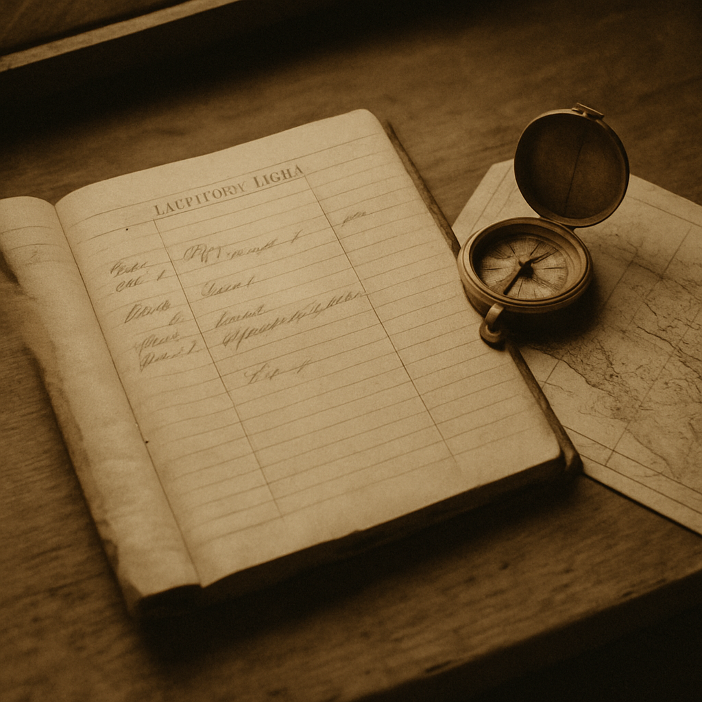 Archival inset showing a weathered lighthouse logbook beside a brass compass on a wooden chart table