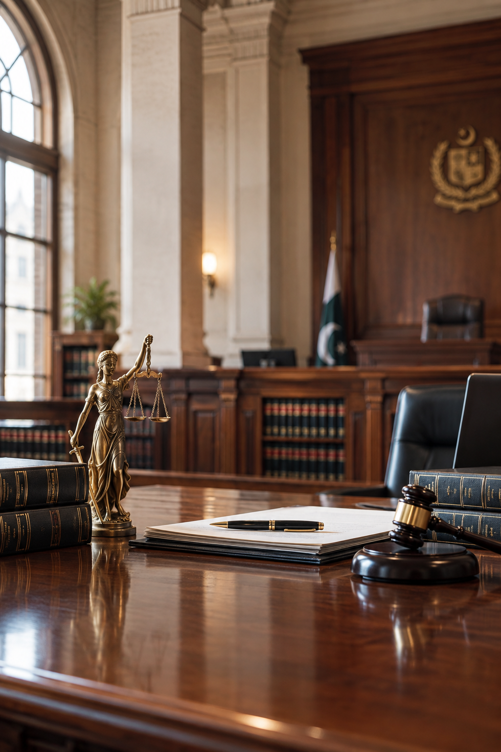 Professional courthouse interior with legal files and formal meeting area