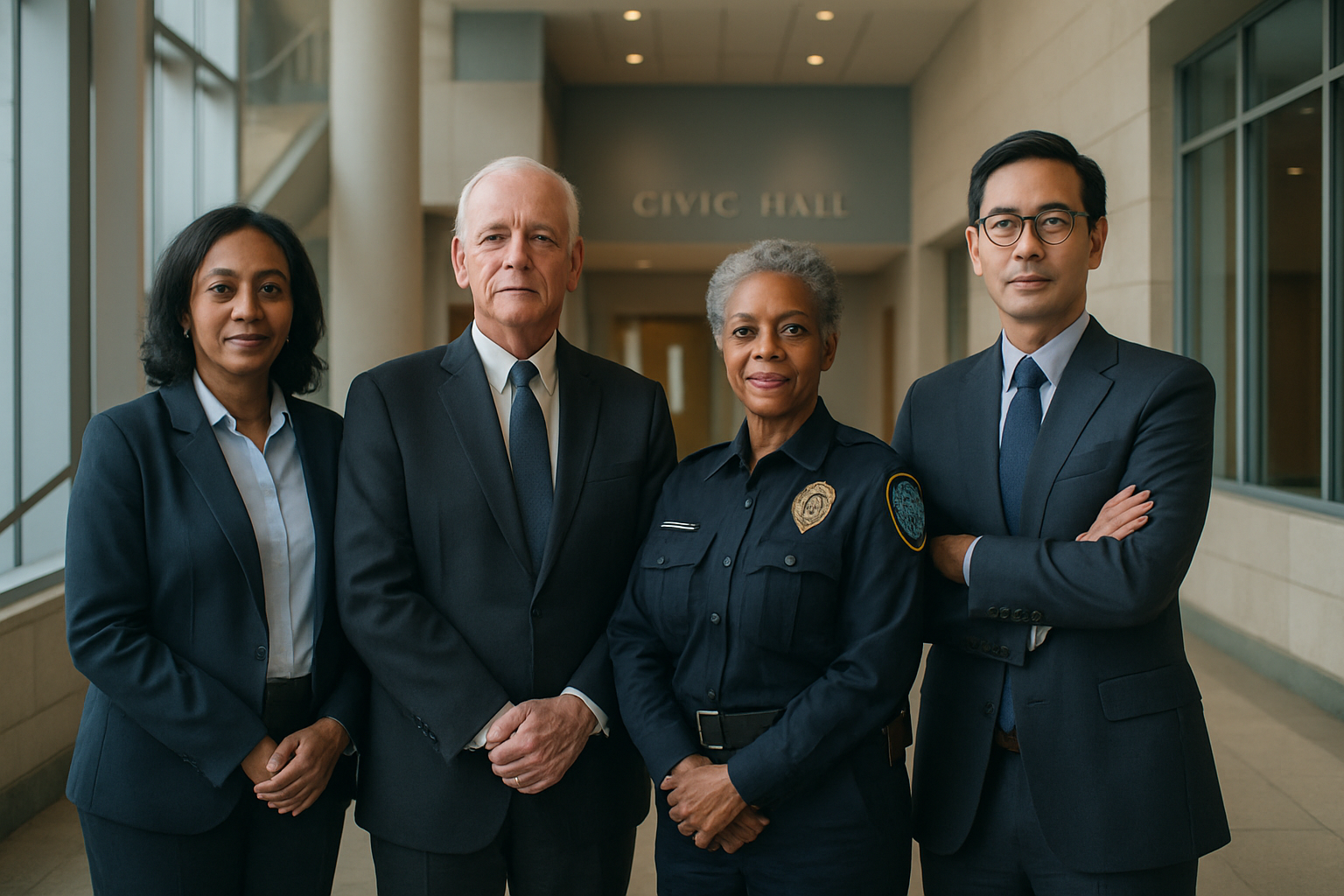 Dignified public service professionals in a modern civic setting