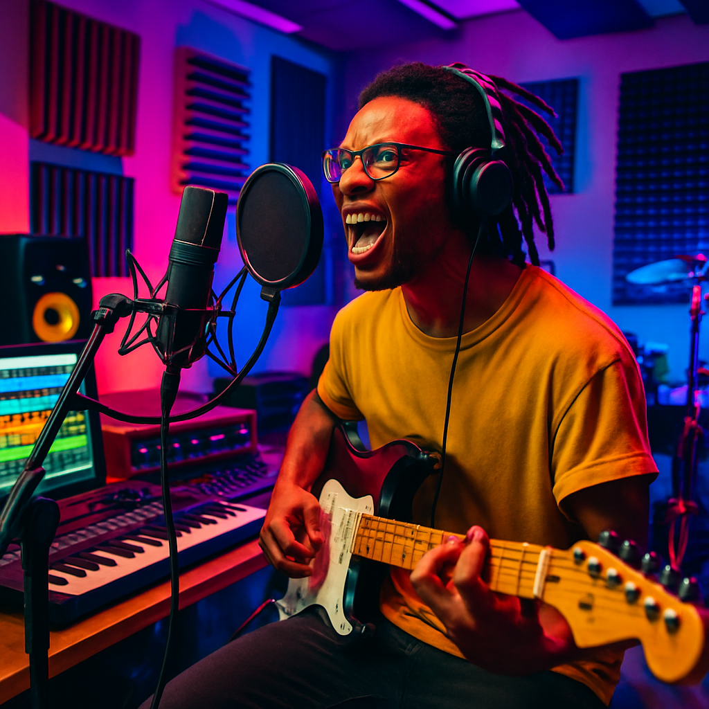 Musician recording in studio with vibrant lighting
