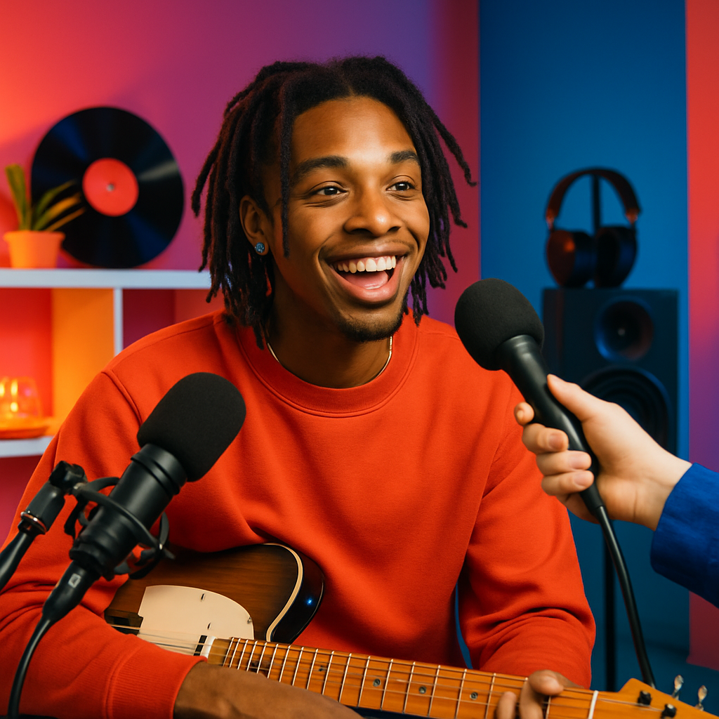 Energetic artist giving an interview in modern setting