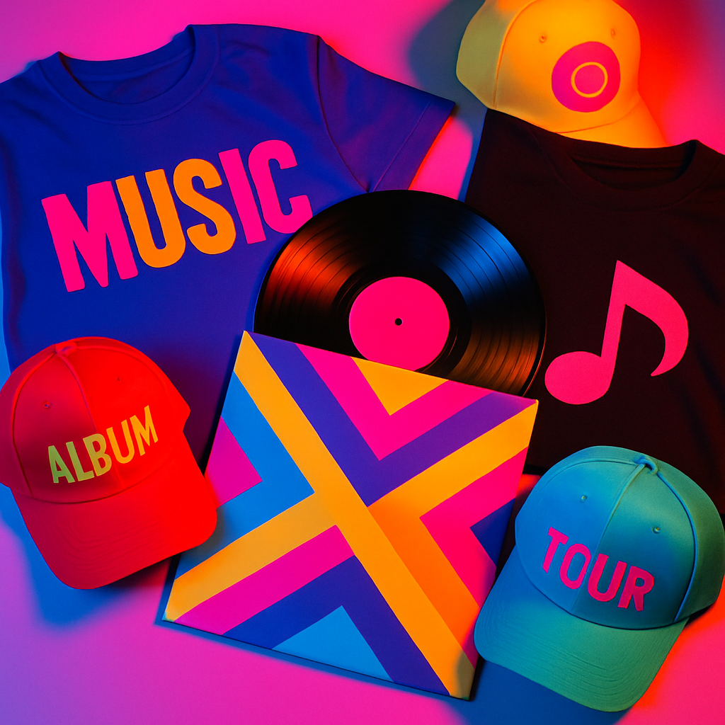 Colorful display of new music merchandise items