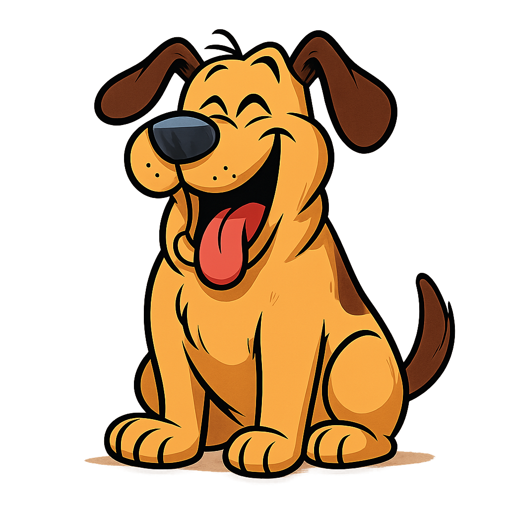 A cheerful, cartoon-style funny dog grinning playfully