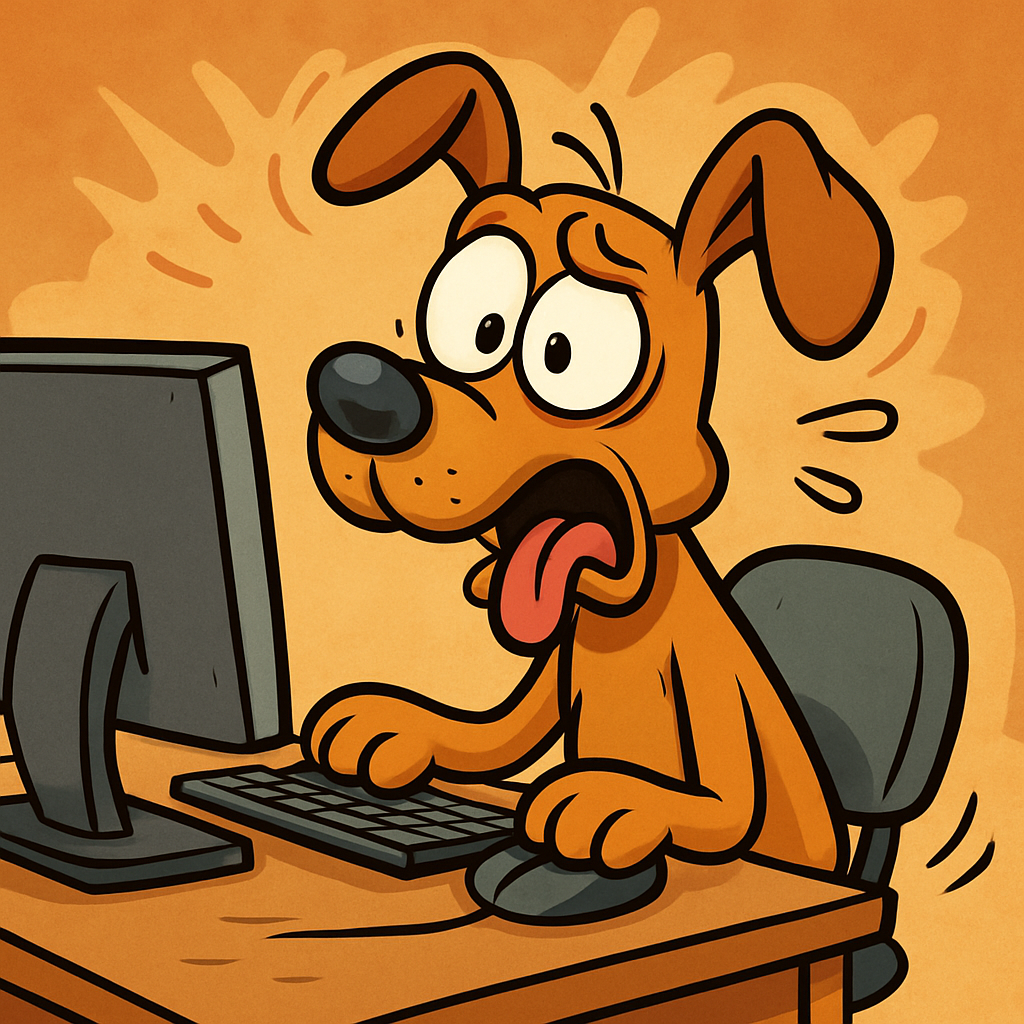 Dog at a computer looking confused