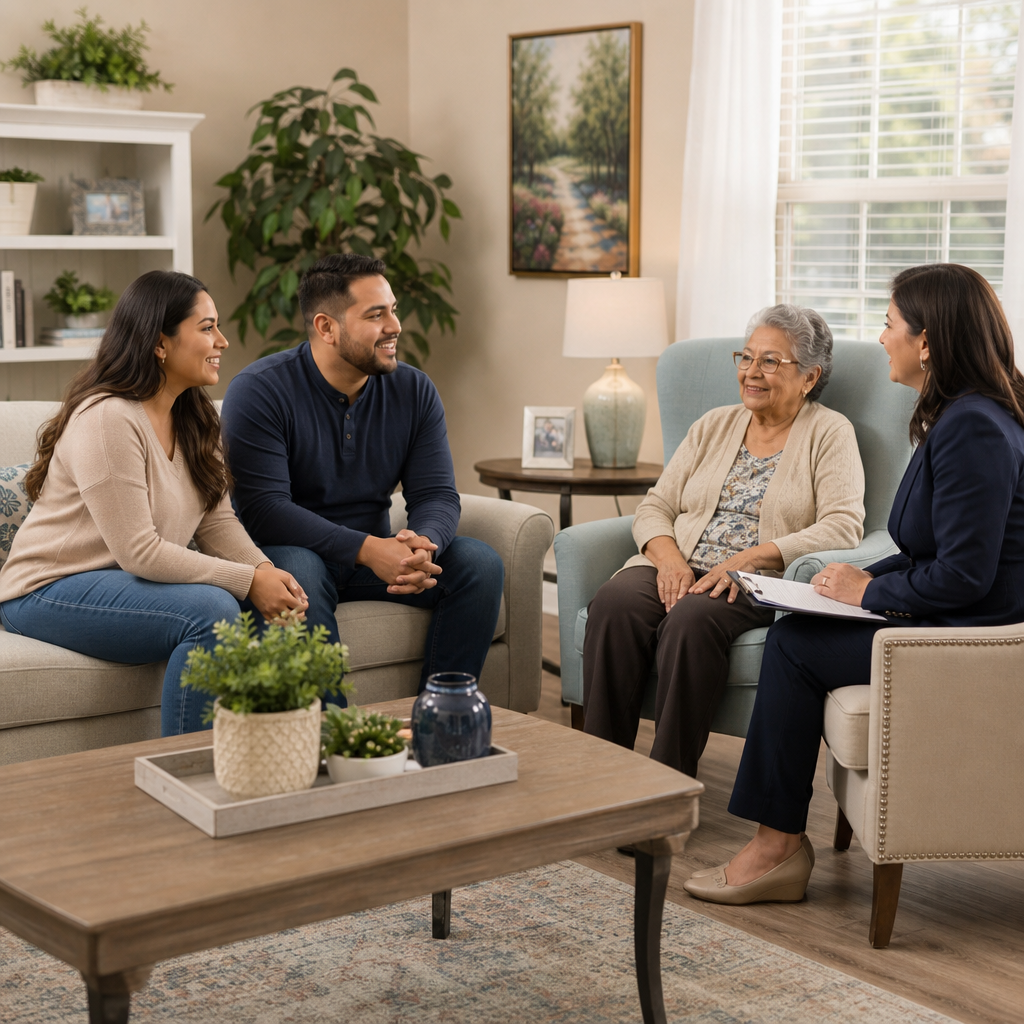 Care coordinator speaking with a family in a warm residential care home living room
