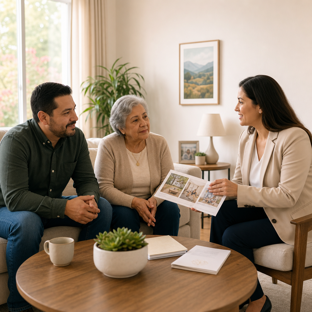 Warm senior care consultation with an advisor and family member reviewing living options together
