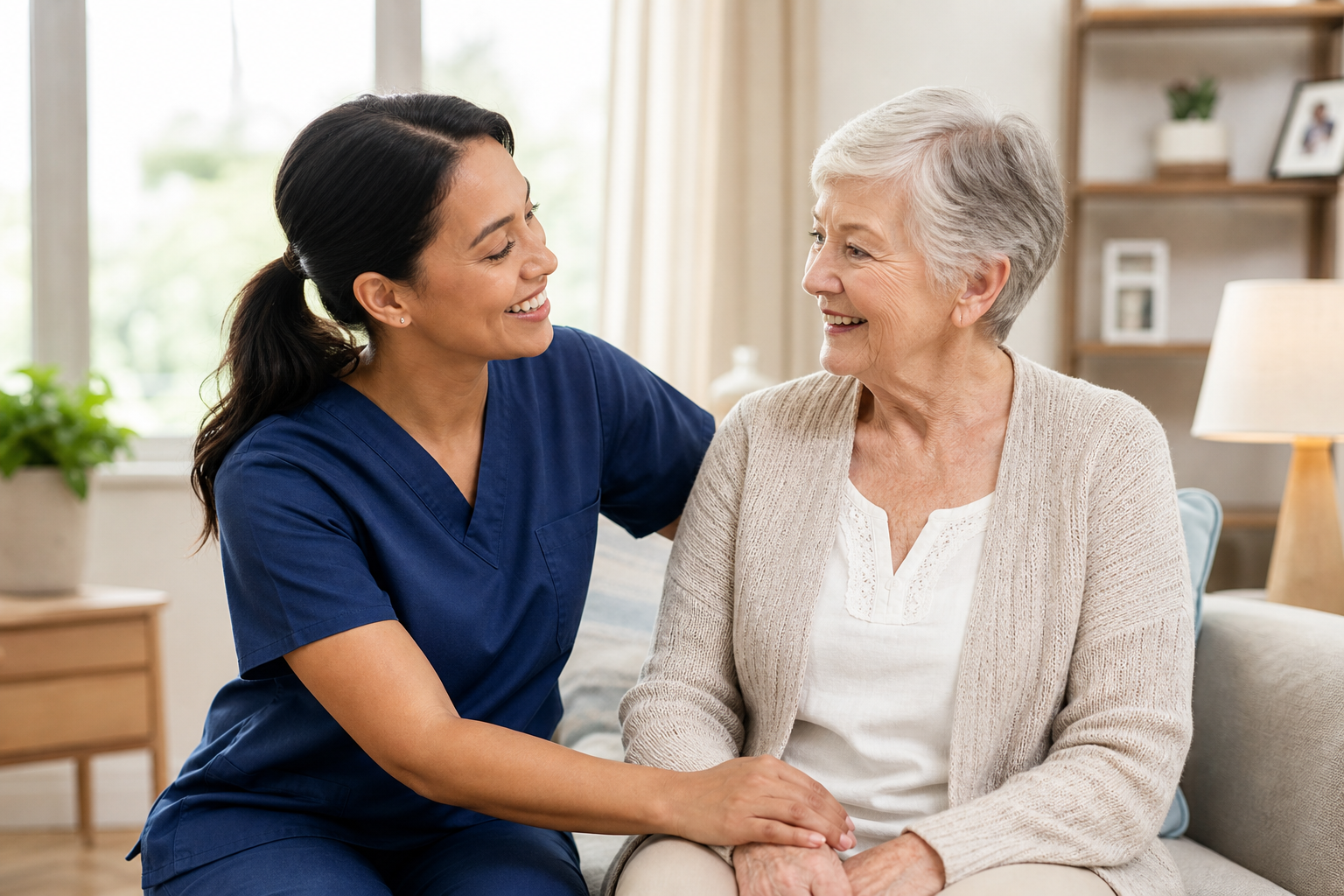 Warm moment between a compassionate caregiver and an older adult sharing a supportive conversation in a bright senior living setting