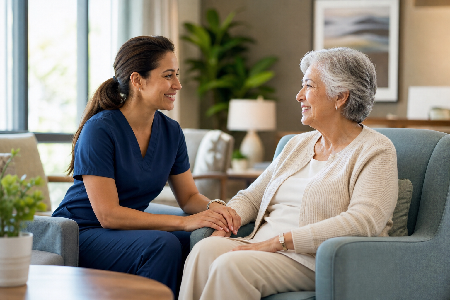 Warm moment between a compassionate caregiver and an older adult sharing a supportive conversation in a bright senior living setting