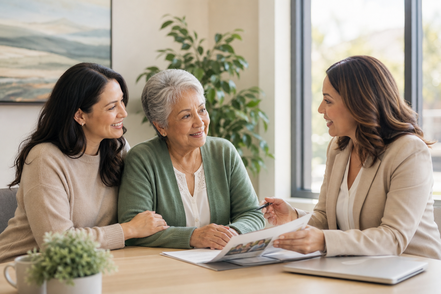 Warm family guidance meeting in a bright Chino-area senior care consultation setting