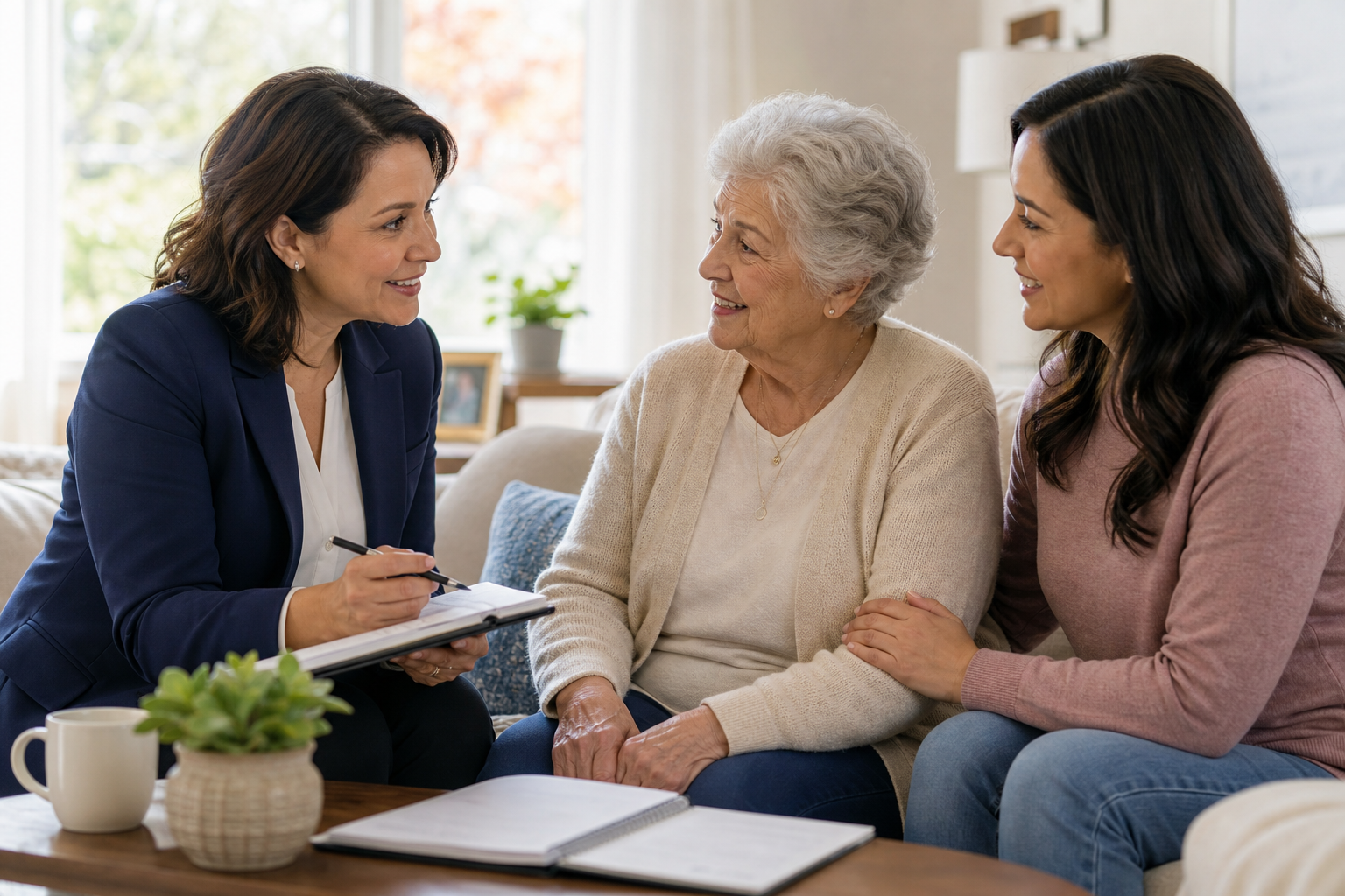 Warm senior care consultation with a compassionate advisor speaking with an older adult and family member in a bright, welcoming living room