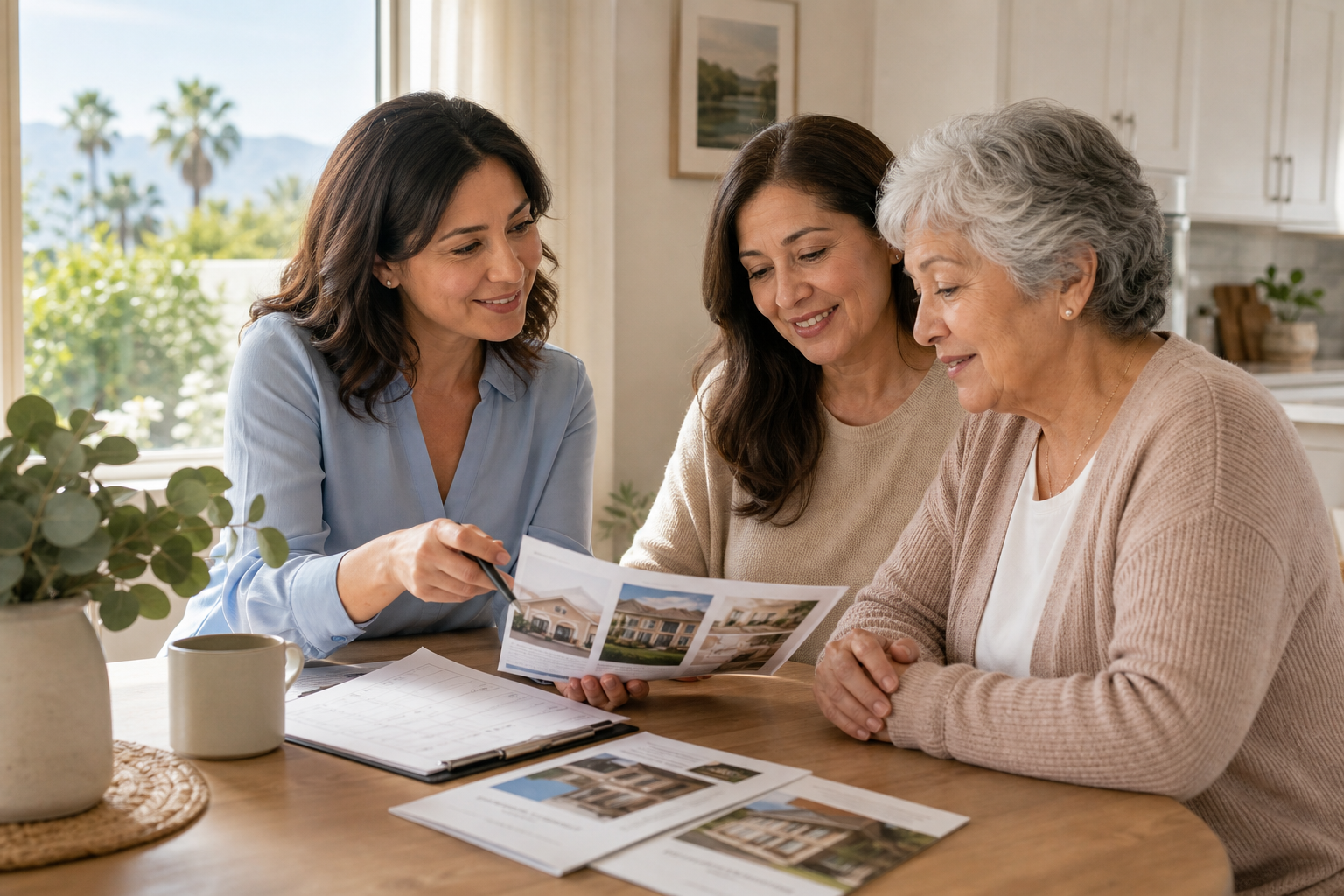 Compassionate senior care advisor speaking with an adult daughter and her mother at a bright kitchen table, reviewing placement options with a warm and reassuring tone