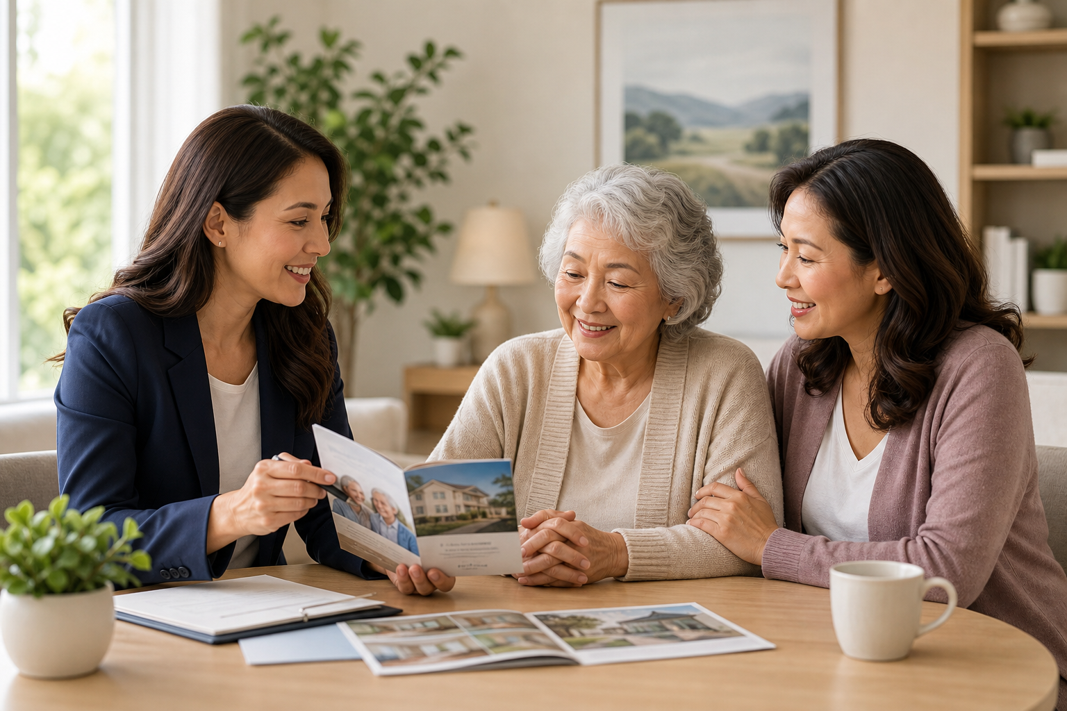 Compassionate senior care advisor reviewing care options with an adult daughter and her elderly mother at a bright table