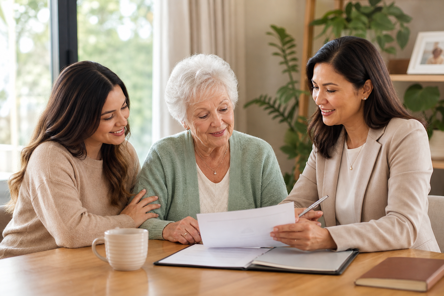 Compassionate senior care advisor reviewing care options with an adult daughter and her elderly mother at a bright table