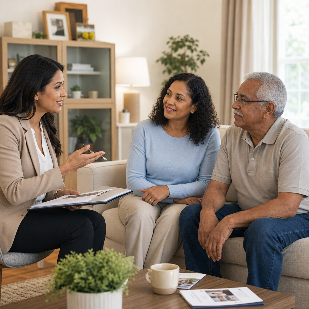 Senior care advisor offering calm guidance to an adult daughter and her mother in a bright living room
