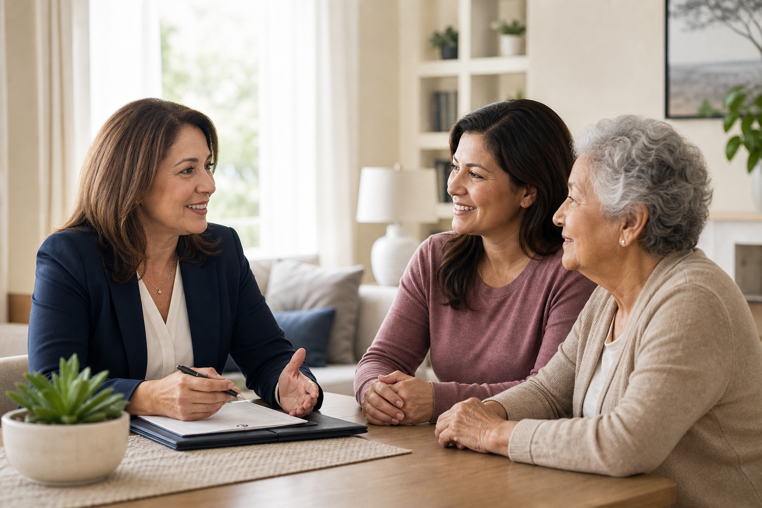 Senior care advisor offering calm guidance to an adult daughter and her mother in a bright living room