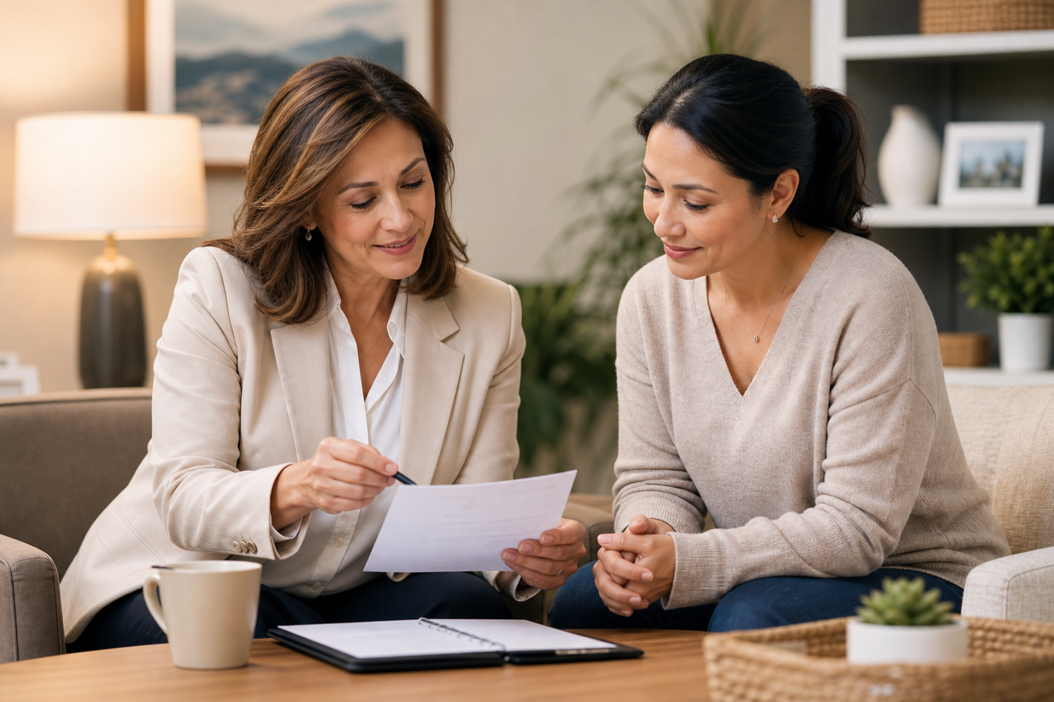 Warm, compassionate consultation between a senior care advisor and family member sharing a reassuring moment while reviewing care options in a softly lit office
