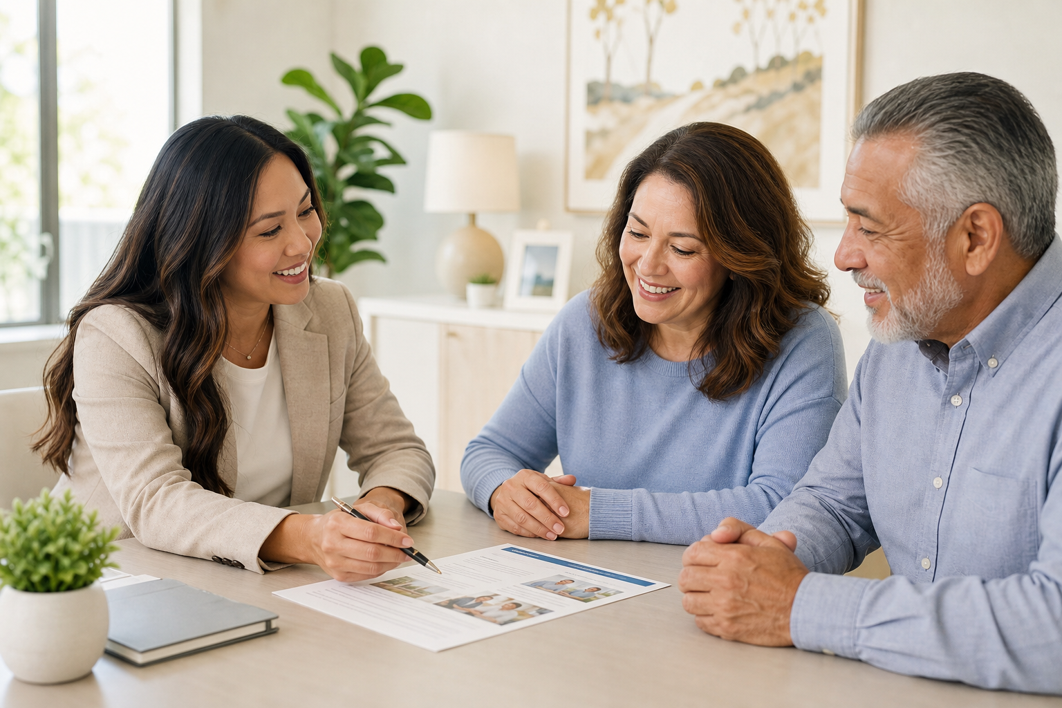 Warm meeting between a senior care provider and family member with a coordinator, smiling and reviewing care options together