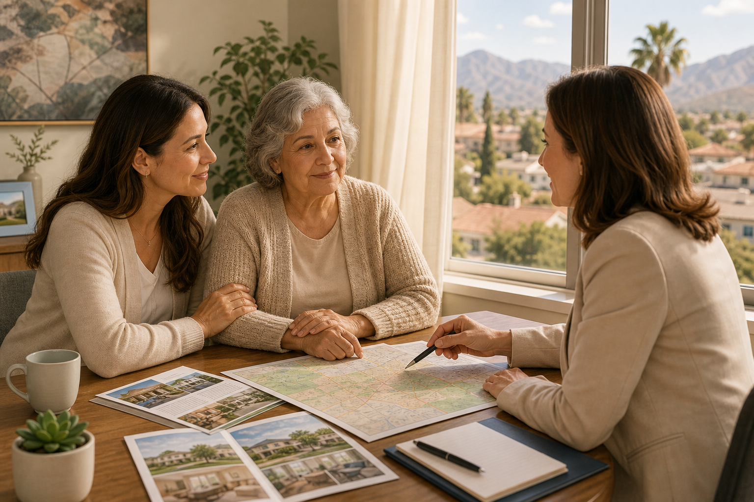 Warm editorial-style illustration of an adult daughter and older parent meeting a compassionate senior placement advisor at a bright table with neighborhood map notes.