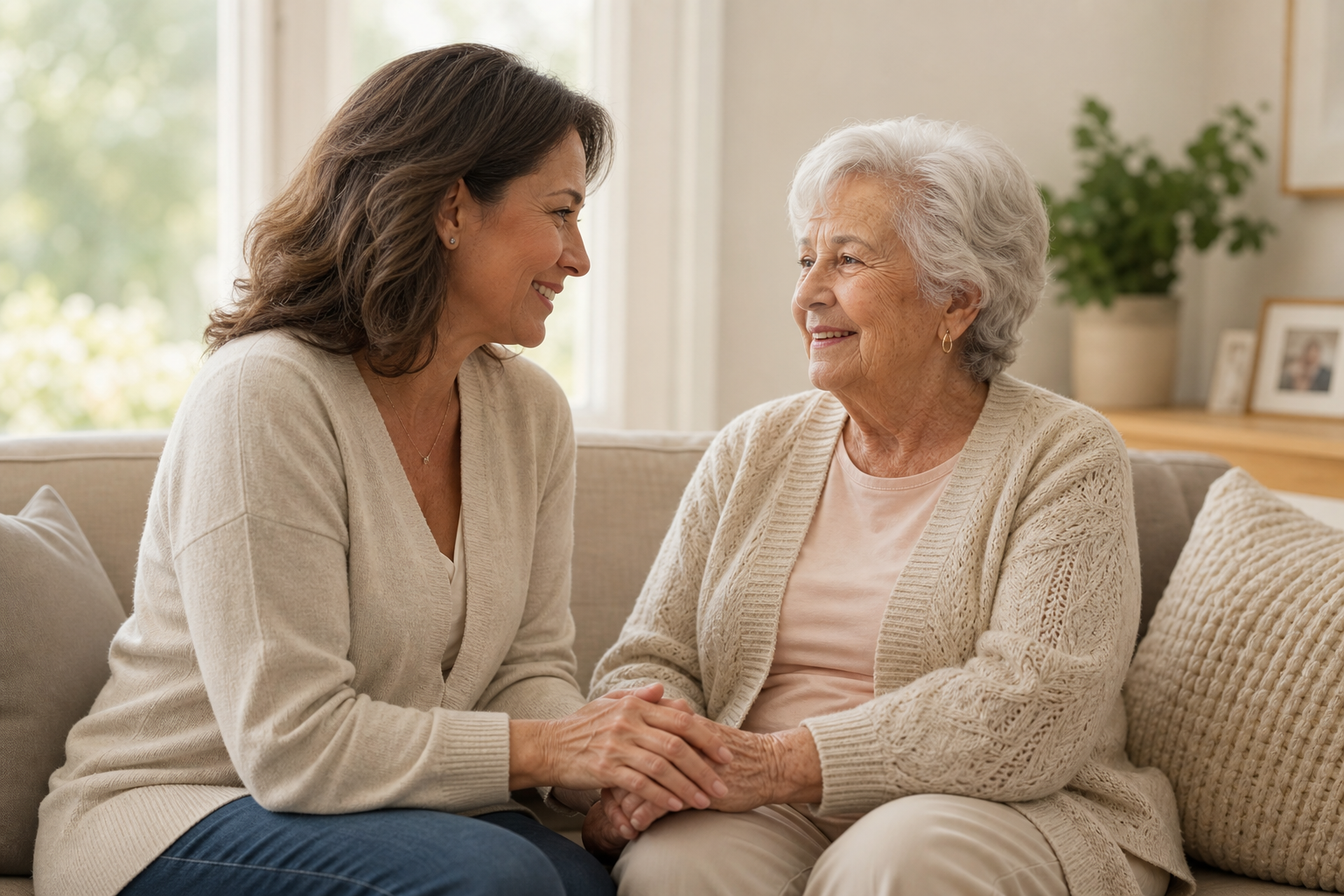 Warm moment of an adult daughter and her elderly mother smiling together in a softly lit living room