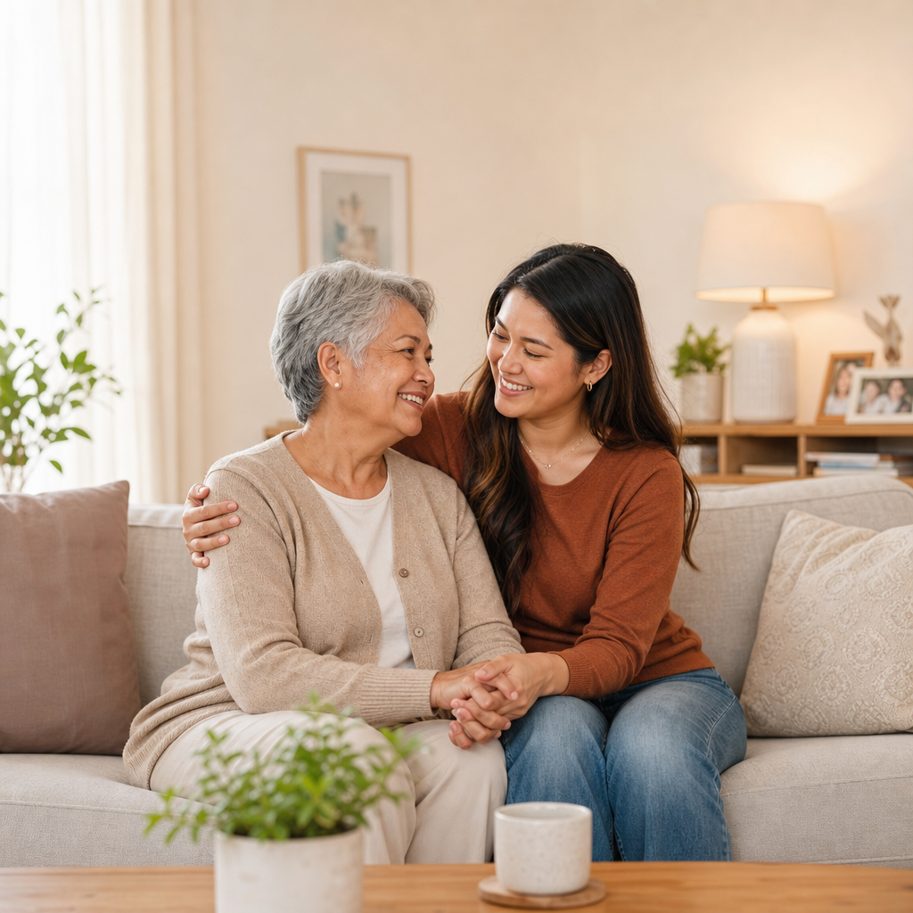 Warm moment of an adult daughter and her elderly mother smiling together in a softly lit living room