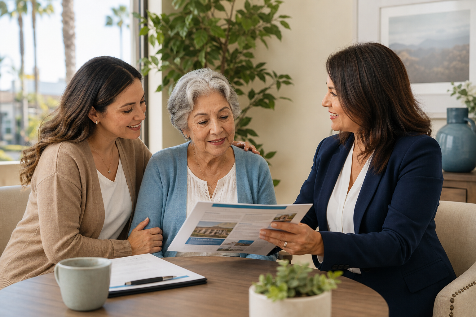 Warm guidance meeting with an adult daughter and aging parent reviewing senior care options with a compassionate advisor in a bright Upland office