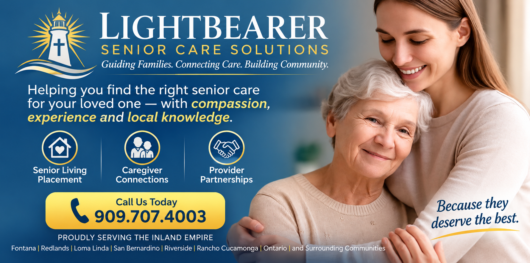 Custom landing banner showing warm senior care guidance imagery