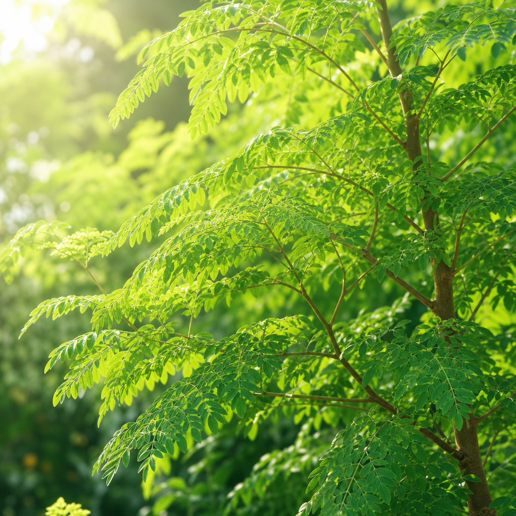 Healthy moringa tree canopy with bright green leaves and natural sunlight filtering through