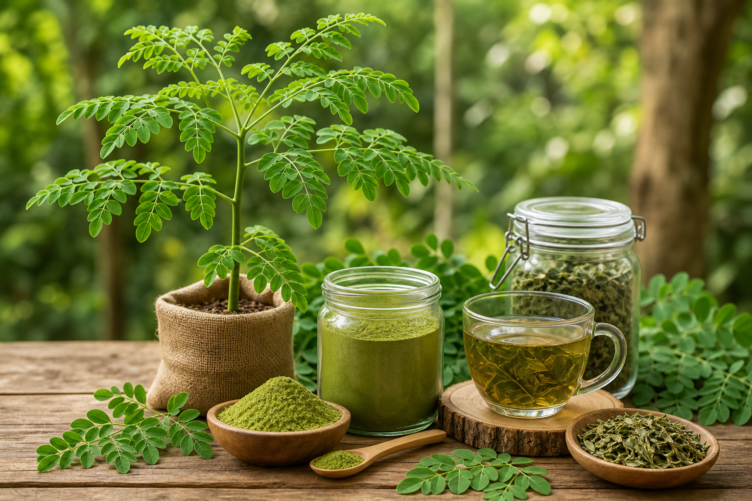 Healthy young moringa tree with vibrant green leaves beside jars of moringa powder and tea on a rustic wooden table
