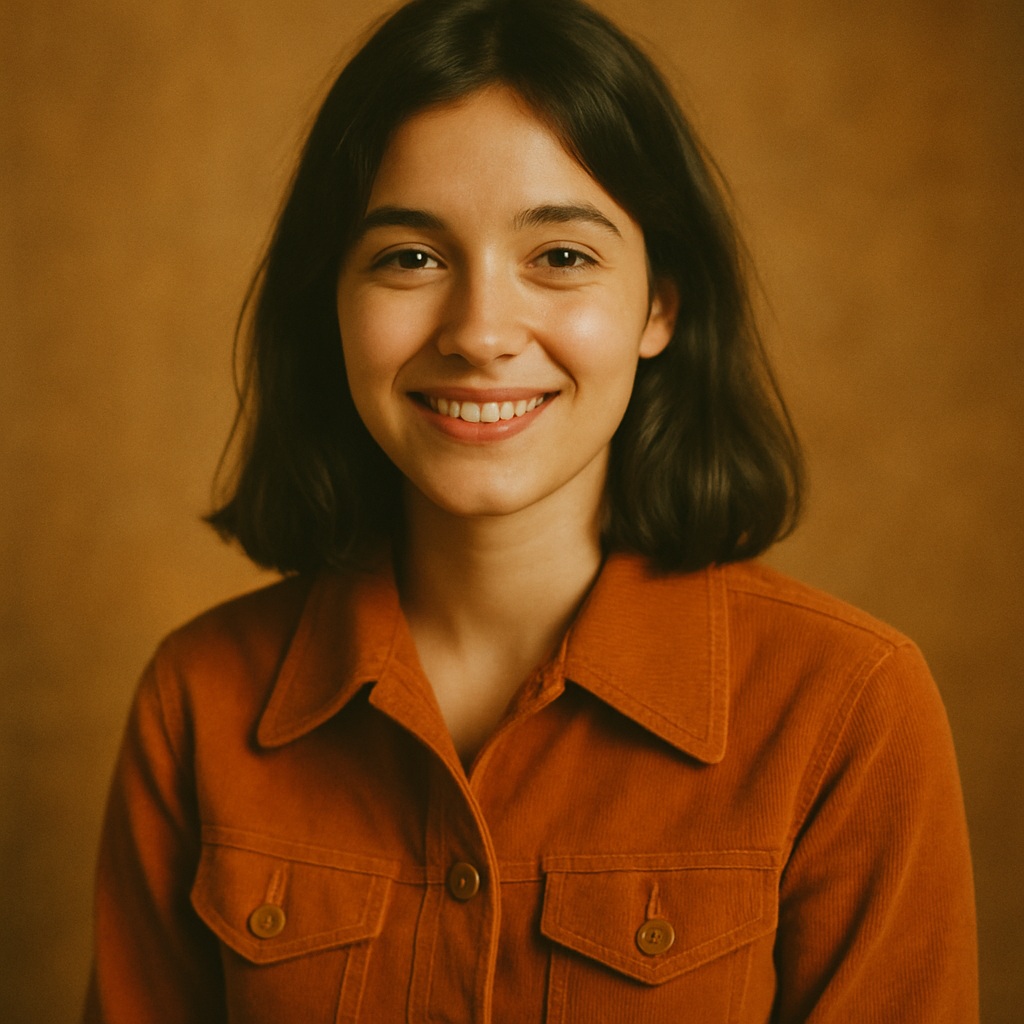 Amelia wearing a rust-orange retro jacket