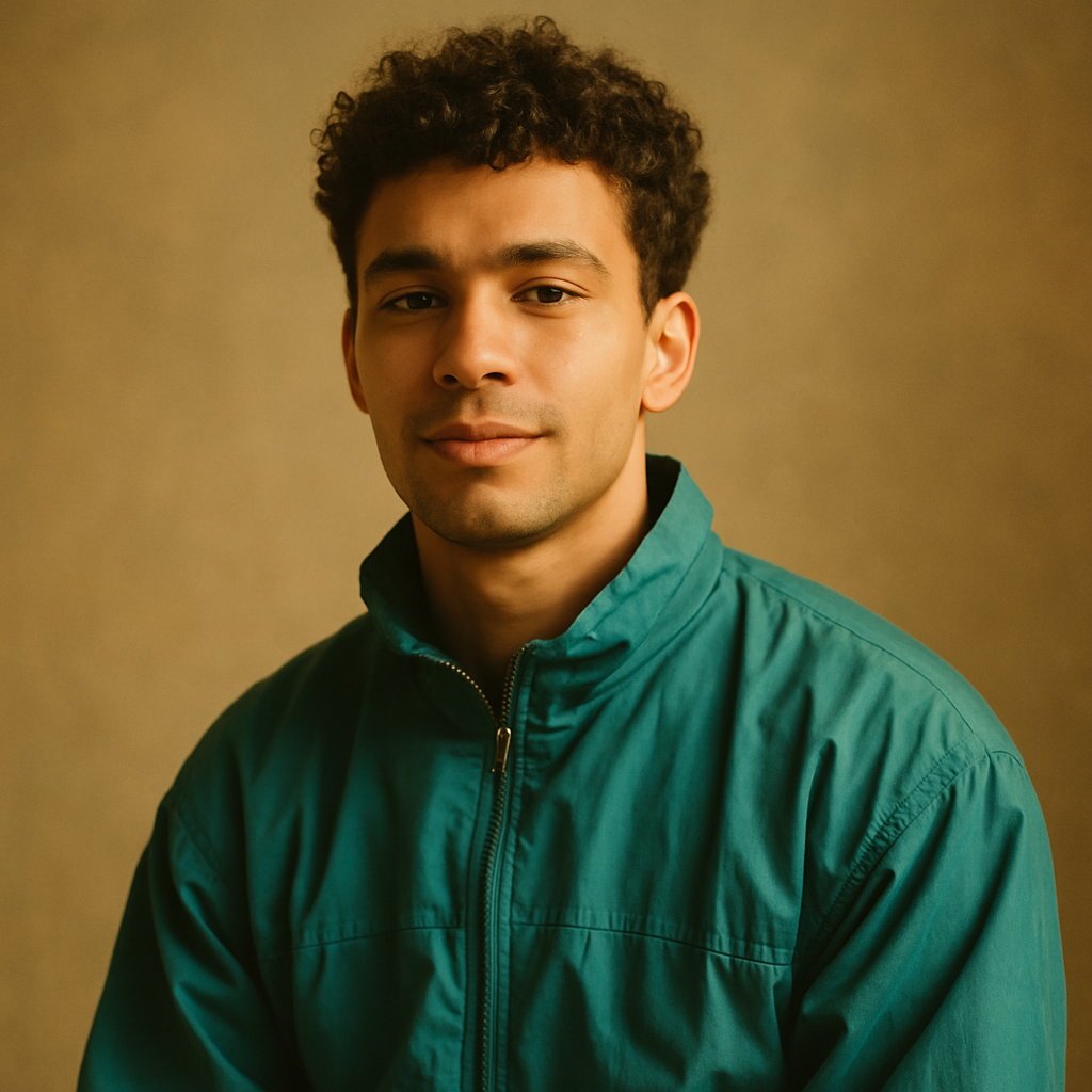 Dante in a teal vintage windbreaker